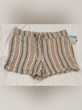 Per Se Linen Blend Pull On Striped Drawstring Shorts L NWT